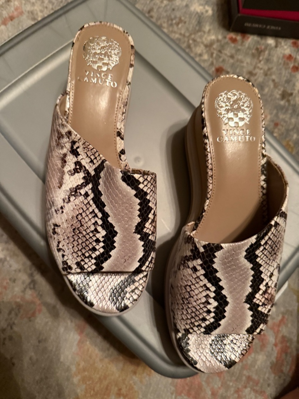 Vince Camuto Neutral Snake-Print Slide Wedges